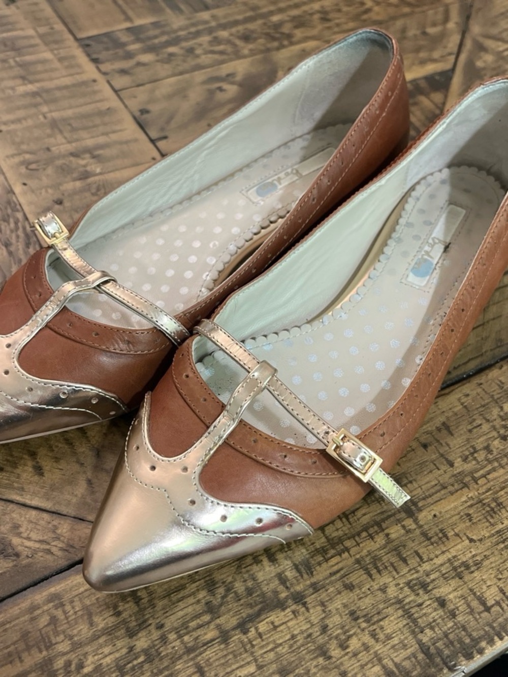 Boden Two-Tone Pointed Mary Jane Flats in Brown and Metallic Gold
